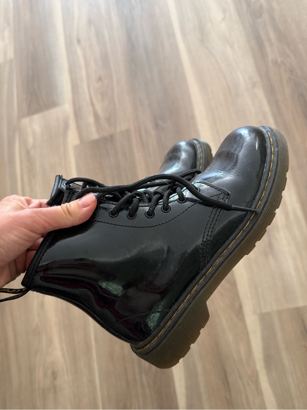 Dr. Martens Black Lace-Up Kids Combat Boots with Yellow Stitching